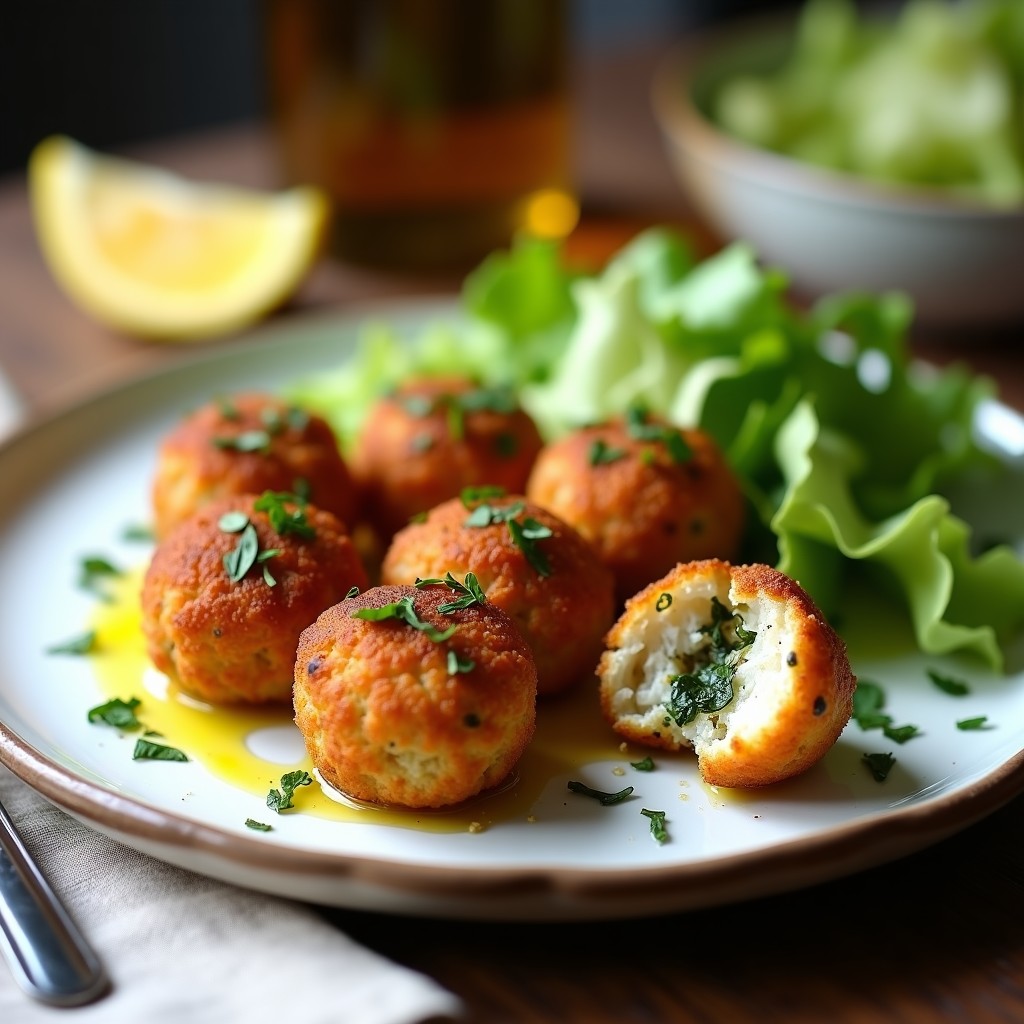 Albóndigas doradas de merluza y algas marinadas servidas en un plato blanco rústico, con un fondo de ensalada verde y gajos de limón, receta española en airfryer sin aceite.