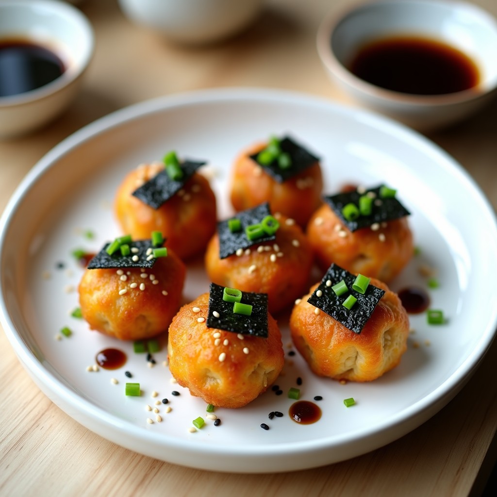 Albóndigas doradas de merluza y algas nori en plato blanco, con semillas de sésamo negro y cebollino picado, servidas con salsa teriyaki y algas nori en láminas como decoración. Receta japonesa en airfryer con toque umami.