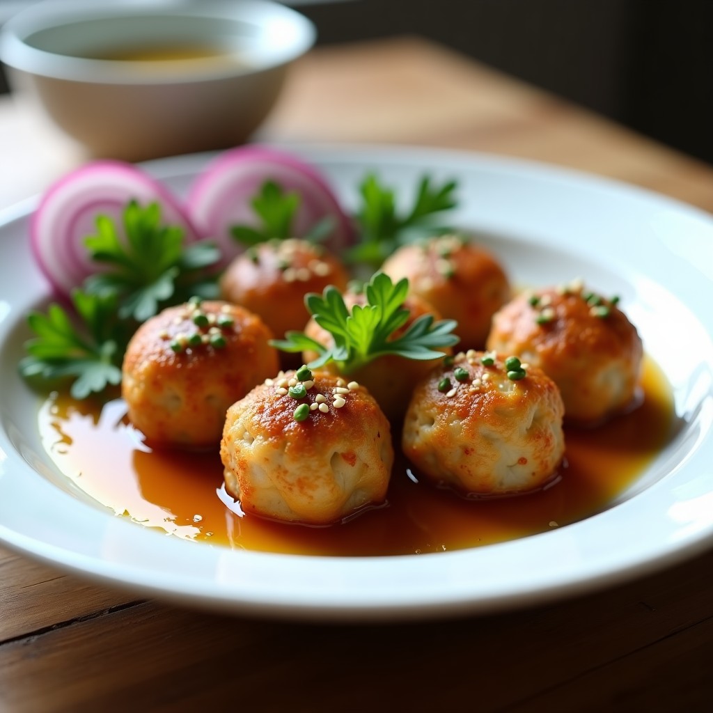 Plato blanco con albóndigas doradas de merluza y algas wakame, espolvoreadas con semillas de sésamo, acompañadas de una salsa ligera de soja y limón, sobre fondo de madera rústica. Receta en airfryer alta en omega-3.