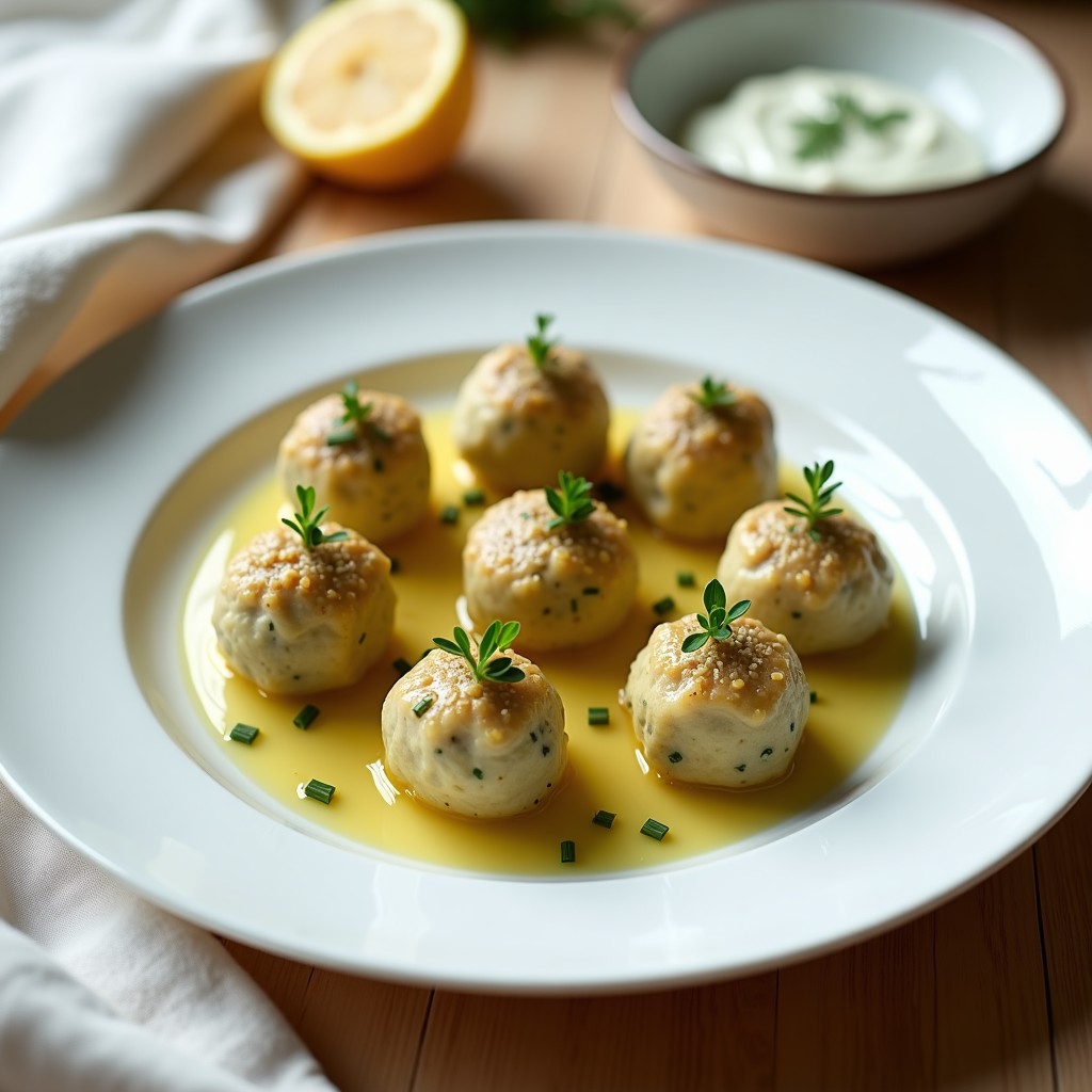 Plato blanco con albóndigas de merluza y calabacín al vapor, doradas y jugosas, acompañadas de rodajas de limón y perejil fresco, receta ligera y alta en proteína.