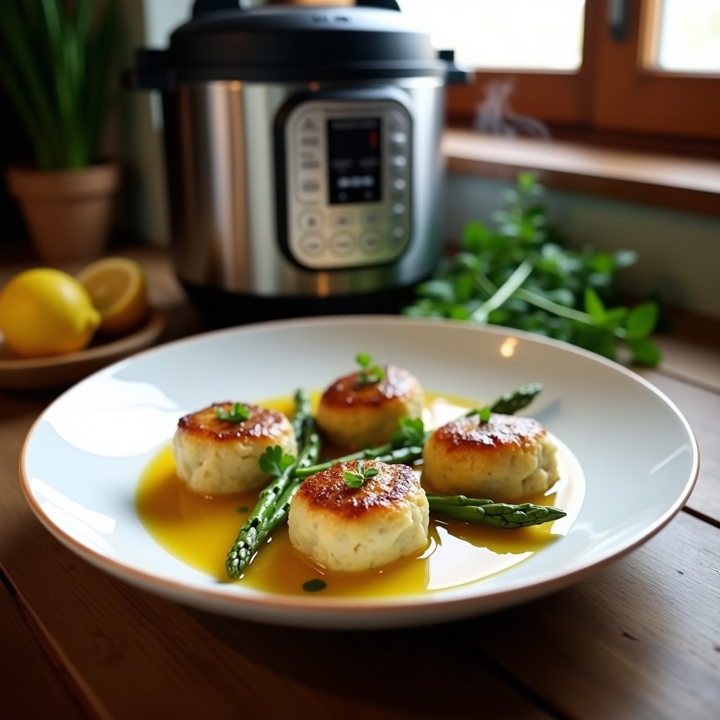 Plato blanco con albóndigas de merluza esponjosas y doradas, acompañadas de espárragos trigueros tiernos, bañadas en un caldo ligero aromatizado con perejil y limón. Receta keto española en olla rápida.