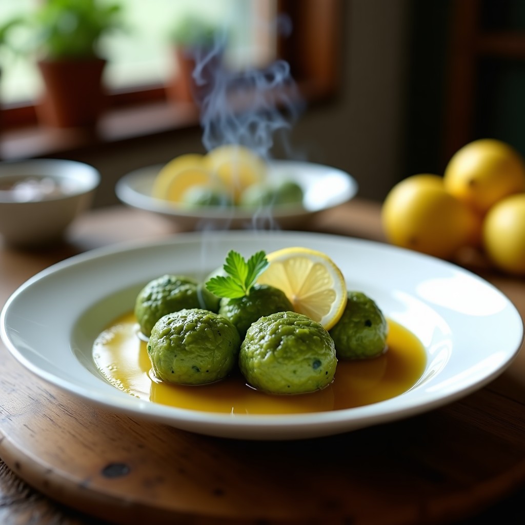 Plato blanco con albóndigas de merluza y algas espirulina en olla express, bañadas en caldo dorado, decoradas con perejil fresco y rodajas de limón, sobre fondo de madera rústica.
