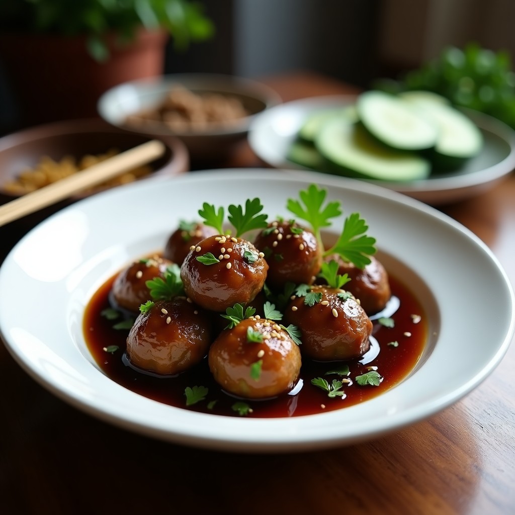 Plato blanco con albóndigas de Mongolia de ternera y calabacín, doradas y jugosas, bañadas en un caldo ligero con zanahoria rallada y perejil fresco. Receta en olla express baja en grasas.