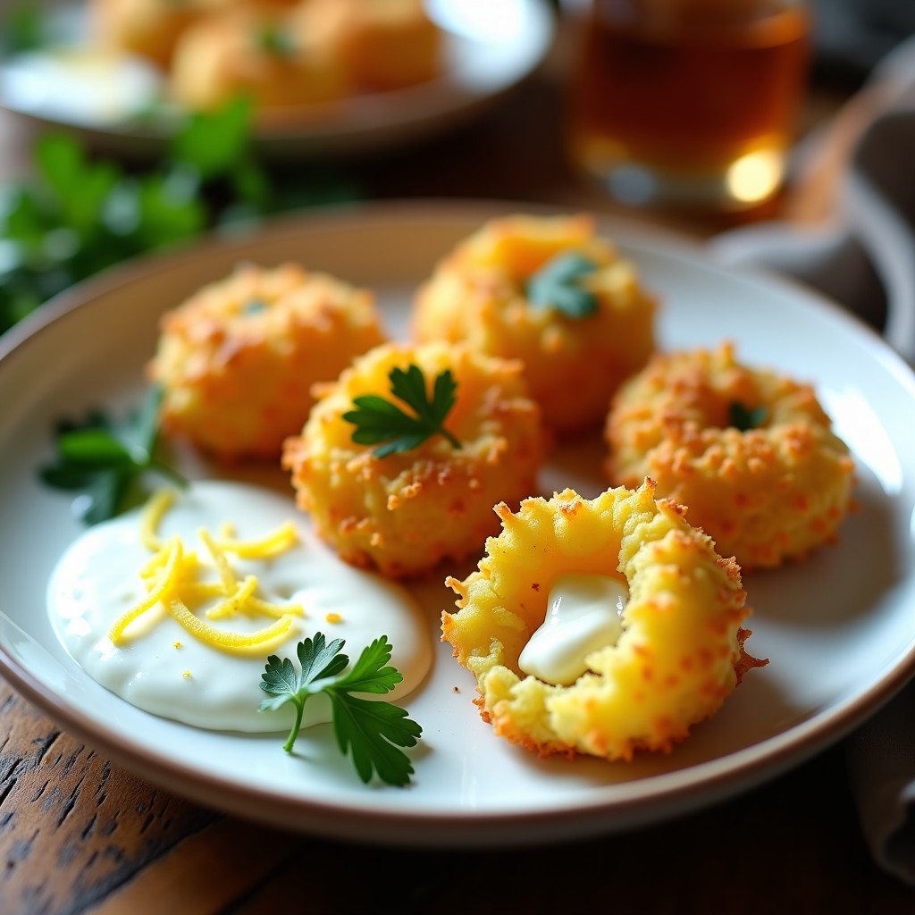 Albóndigas doradas y crujientes de flores de calabacín rellenas de queso pecorino, servidas en plato blanco con hierbas frescas y salsa de yogur, receta italiana en airfryer.