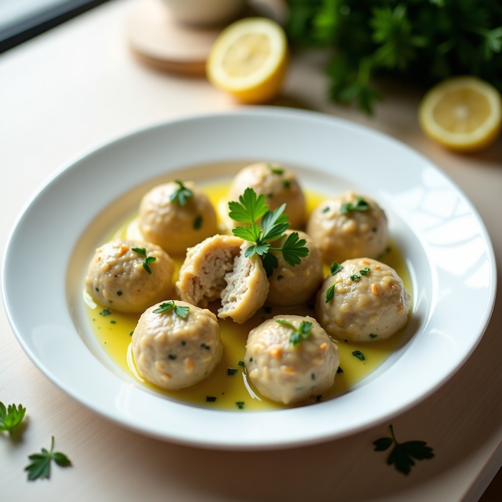 Plato blanco con albóndigas de pavo y alcachofas al vapor, doradas y jugosas, acompañadas de perejil fresco y un hilo de aceite de oliva virgen extra sobre un fondo rústico de madera.