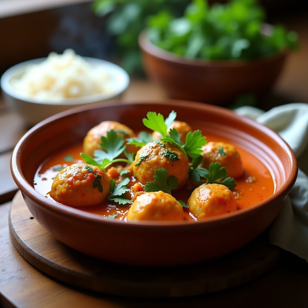 Plato hondo de barro con albóndigas de pavo y calabacín al curry en salsa espesa de color dorado, decoradas con cilantro fresco y hojas de lima kaffir. Receta en olla lenta con toque indo.