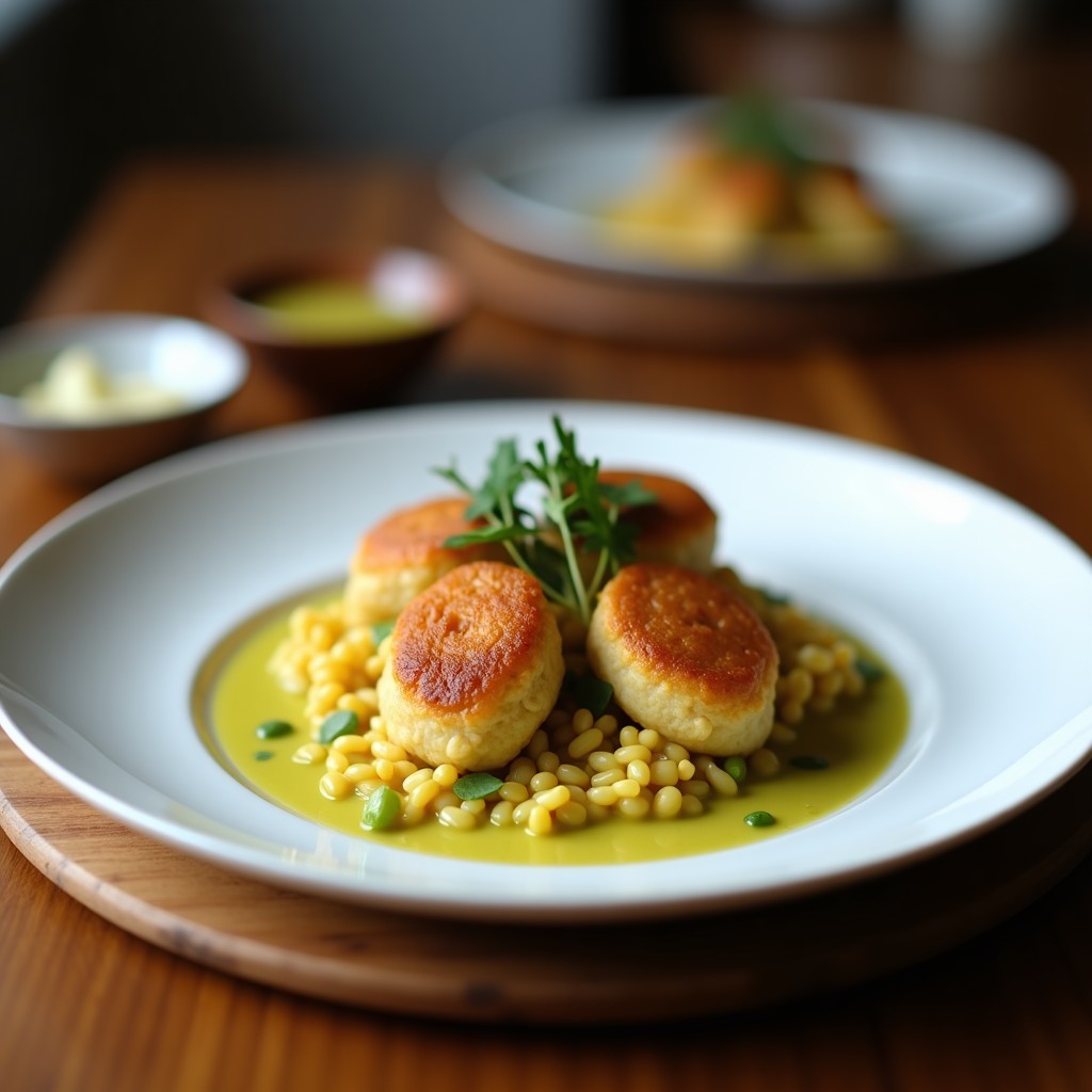 Plato blanco con albóndigas de pavo y espinacas al curri verde en salsa cremosa de coco, decoradas con cilantro fresco y acompañadas de rodajas de limón, receta Thermomix alta en proteína.