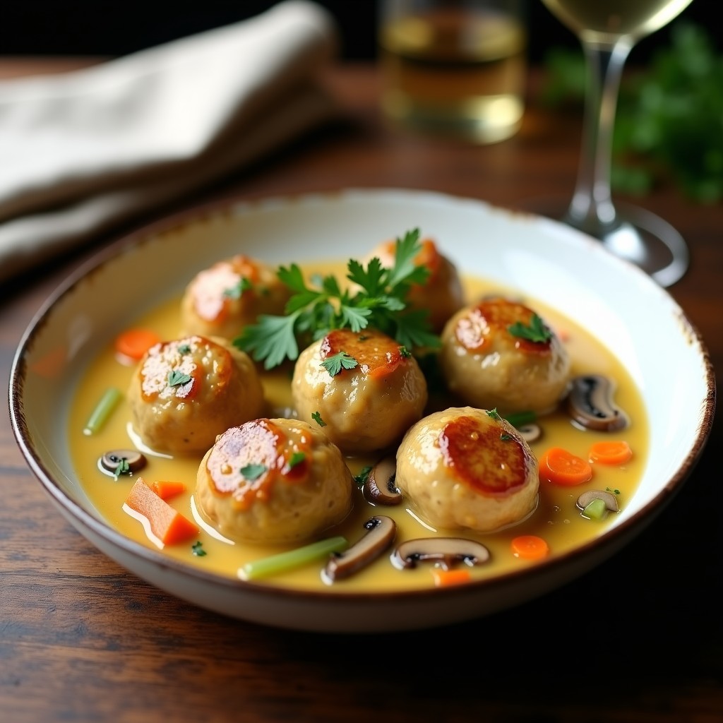 Plato hondo de cerámica blanca con albóndigas de pavo doradas bañadas en una salsa cremosa de vino blanco y setas shiitake y portobello, decorado con perejil fresco. Receta francesa en olla lenta, alta en proteína y baja en calorías.