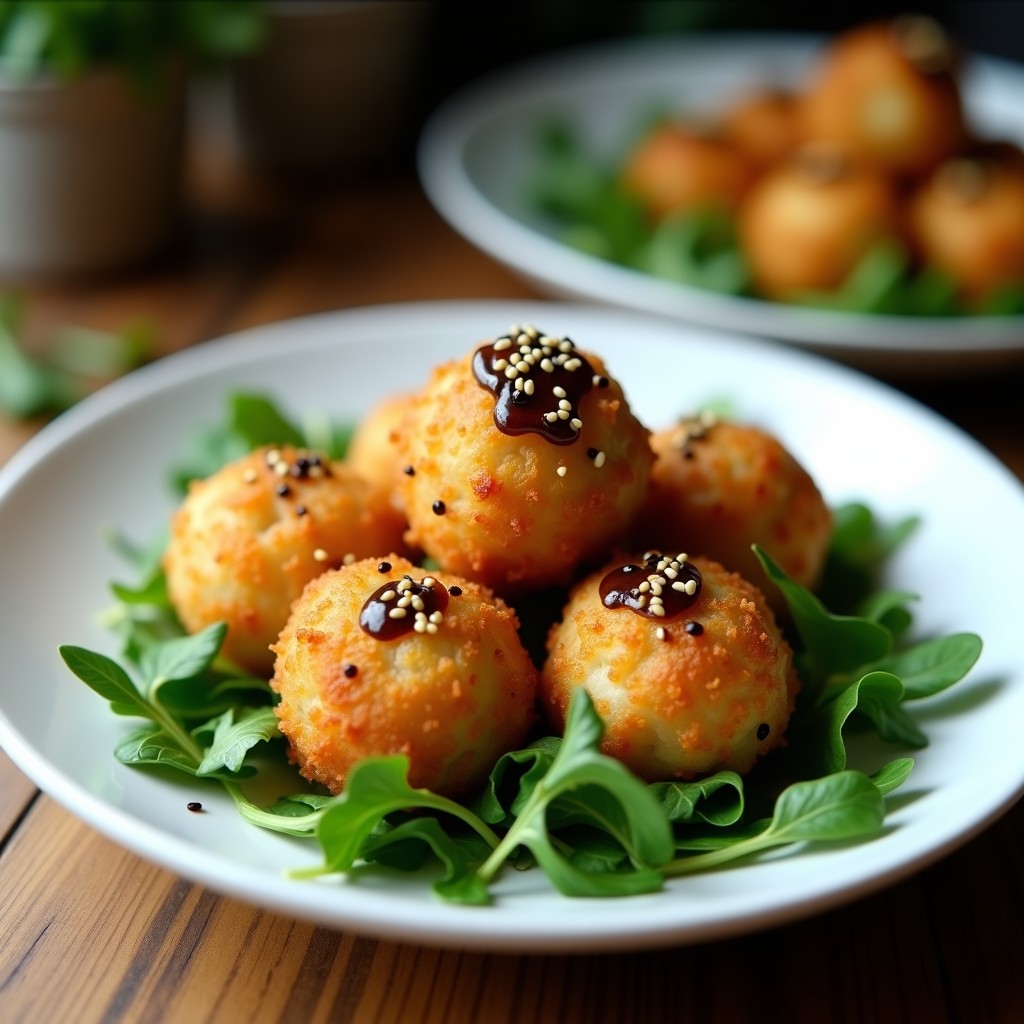 Albóndigas doradas de pescado blanco y algas nori en airfryer, crujientes por fuera y jugosas por dentro, servidas en plato blanco con salsa de soja y semillas de sésamo.