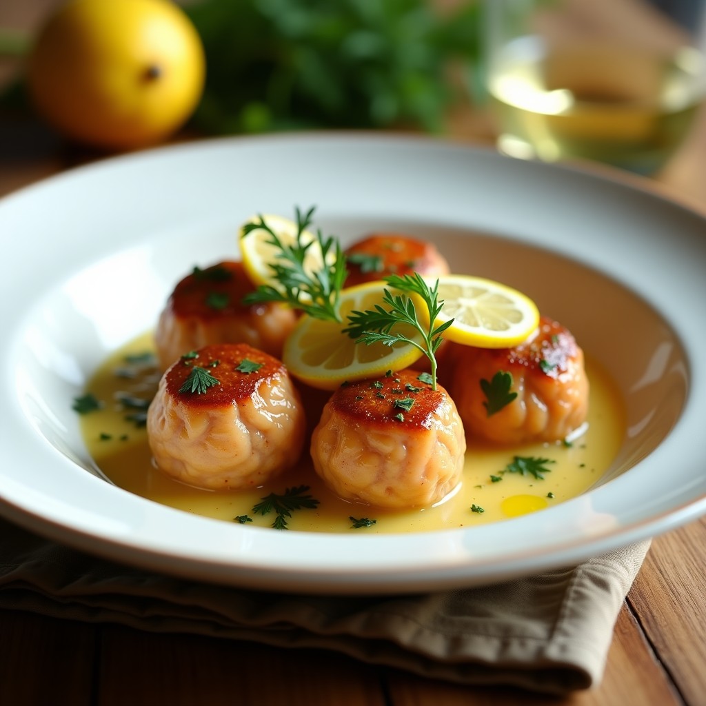 Plato hondo de cerámica blanca con albóndigas de salmón doradas y algas kombu en un caldo dorado de vino blanco, acompañadas de zanahoria, apio y perejil fresco. Receta española alta en omega-3 en olla lenta.
