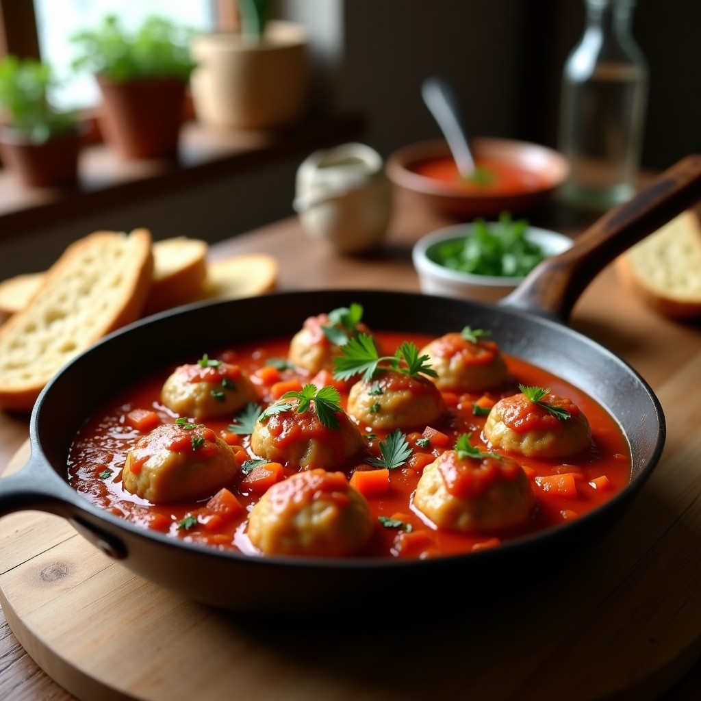 Sartén honda con albóndigas doradas en salsa de tomate espesa y brillante, adornadas con perejil fresco. Plato típico español casero y reconfortante.