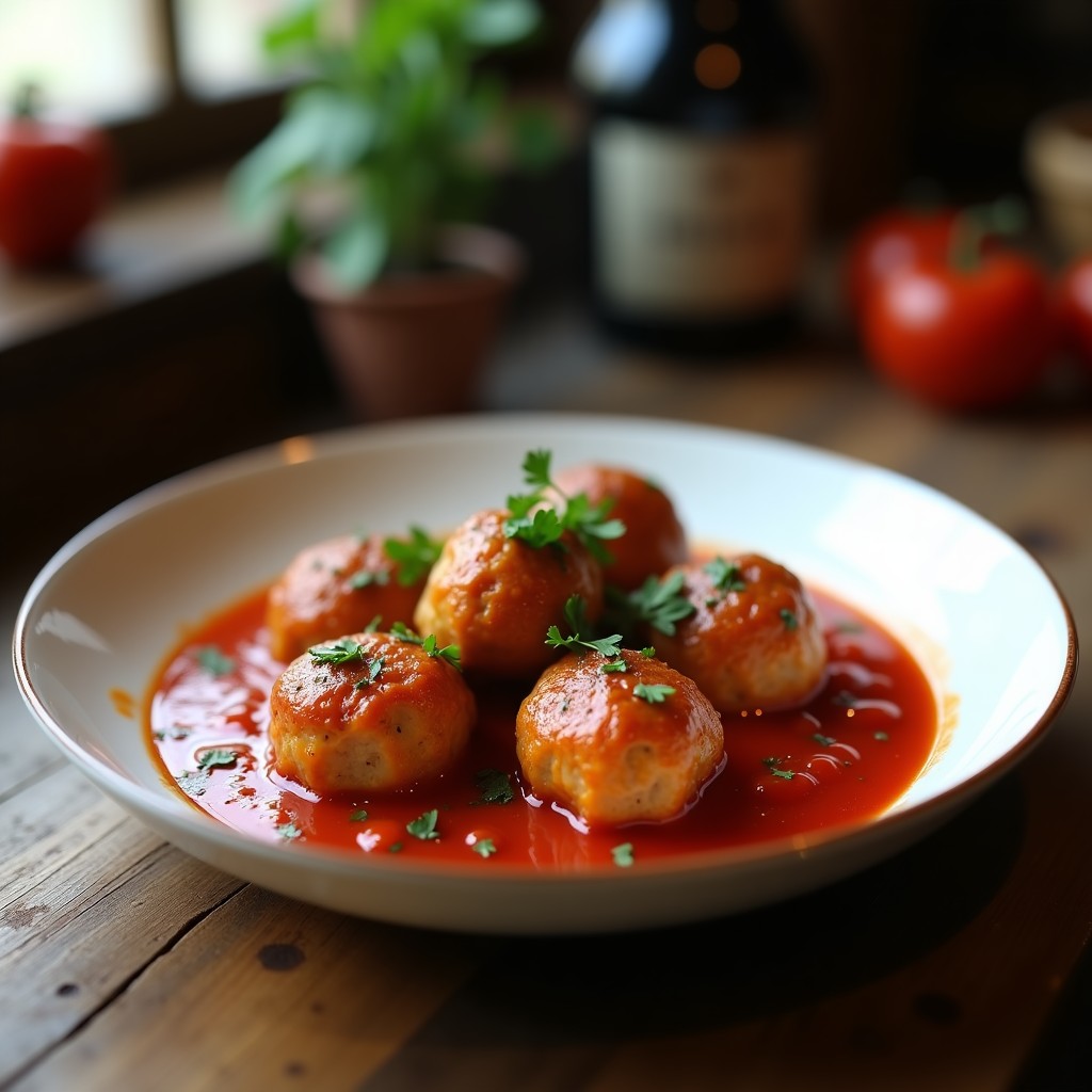 Plato hondo blanco con albóndigas doradas en una salsa de tomate casera espesa, decoradas con perejil fresco picado, receta tradicional española.