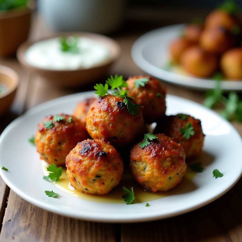 Albóndigas doradas de semilla de calabaza y champiñones Portobello keto en airfryer, servidas en plato blanco con hierbas frescas y salsa cremosa, receta baja en carbohidratos.