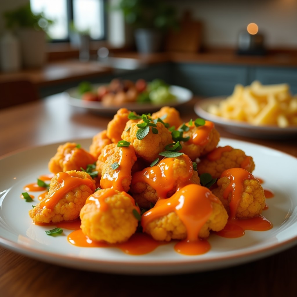 Alitas de coliflor al buffalo con queso vegano derretido, doradas y crujientes, servidas en un plato negro con ramitas de apio fresco y salsa ranch vegana al lado. Receta americana en airfryer.