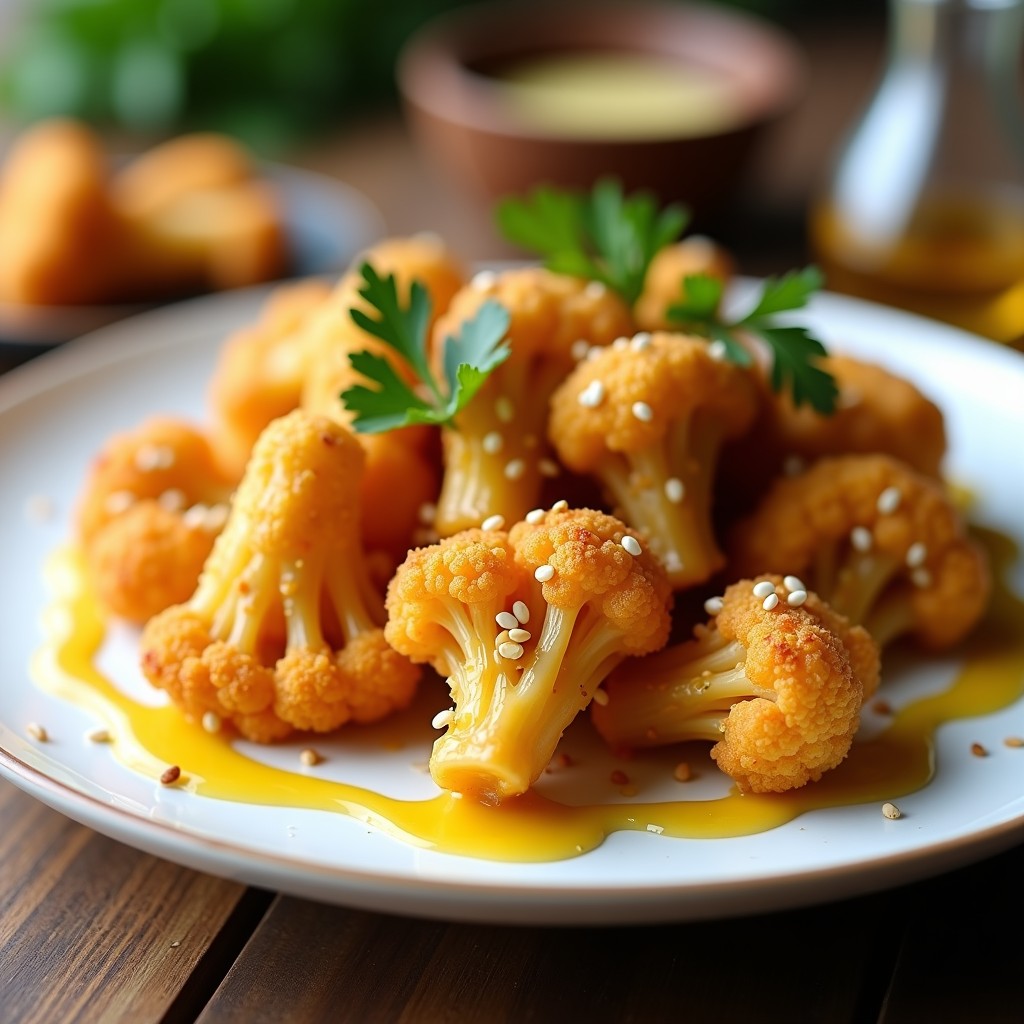Alitas de coliflor doradas y crujientes con aderezo de miel y mostaza, servidas en un plato blanco con semillas de sésamo. Receta keto en airfryer, ideal como aperitivo saludable.