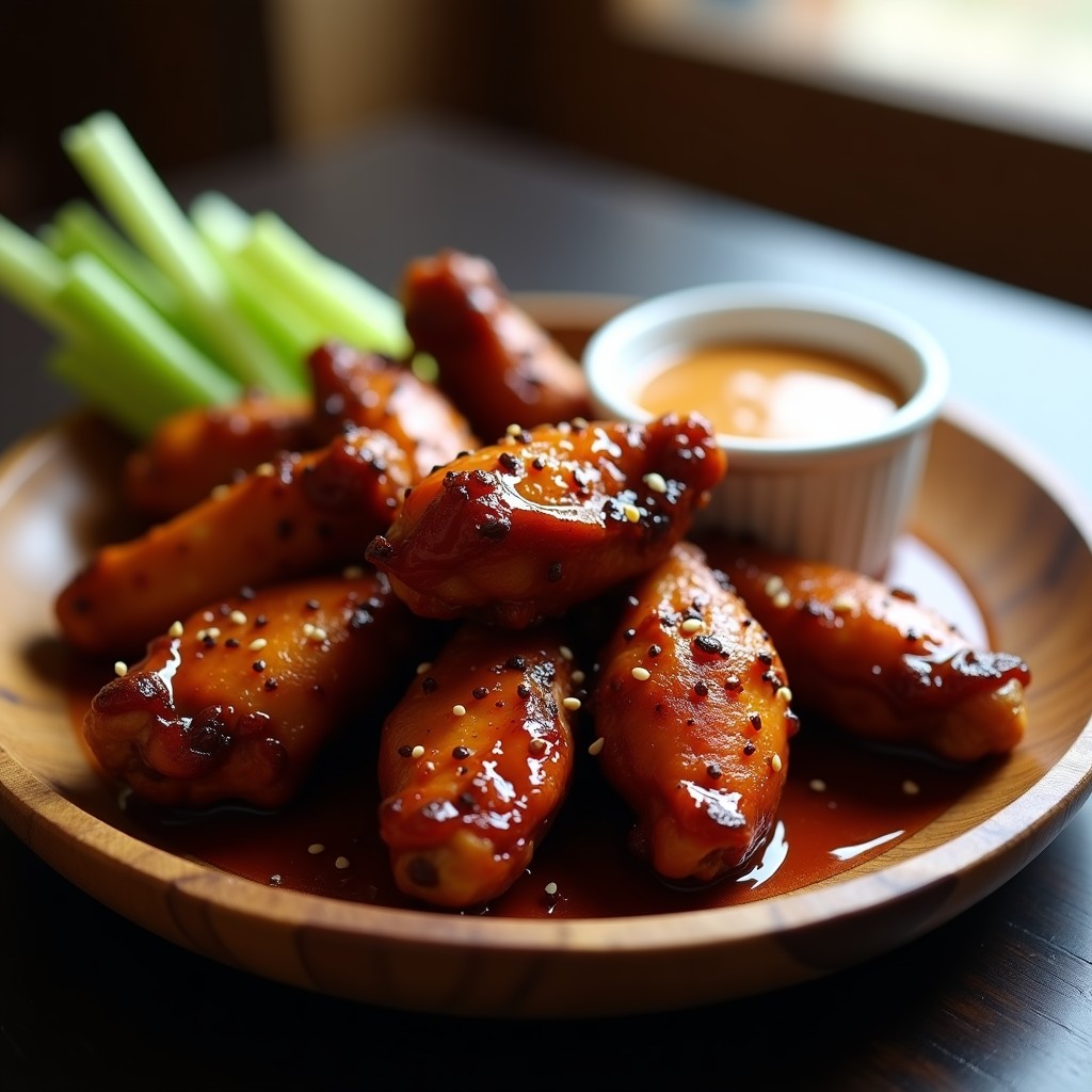 Alitas de pollo doradas y crujientes con un glaseado brillante y oscuro de BBQ y café, dispuestas en una fuente de madera rústica con hojas de perejil fresco y bastones de apio al lado. Receta en airfryer con toque pegajoso y aromático.
