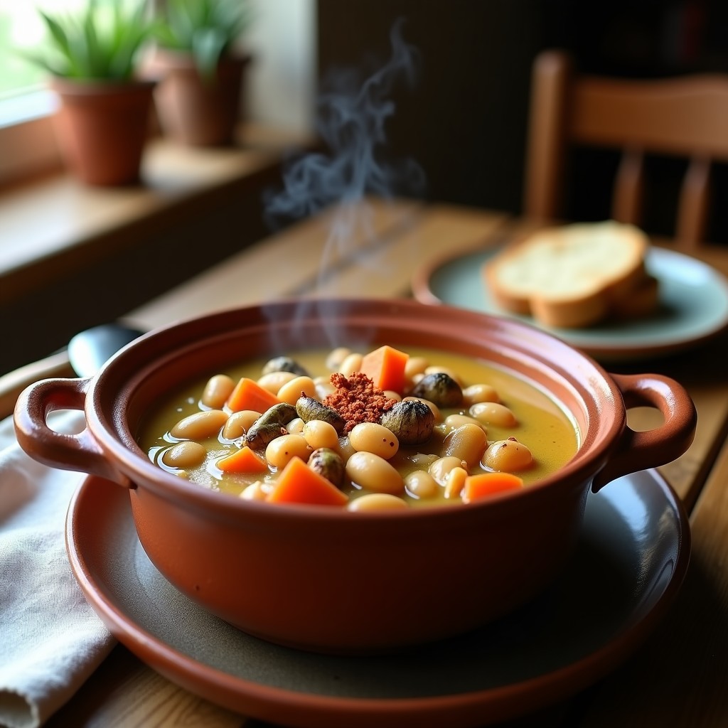 Cazuela de barro humeante con alubias blancas cremosas y trozos de morilla y panceta, receta tradicional castellana con toques de pimentón.