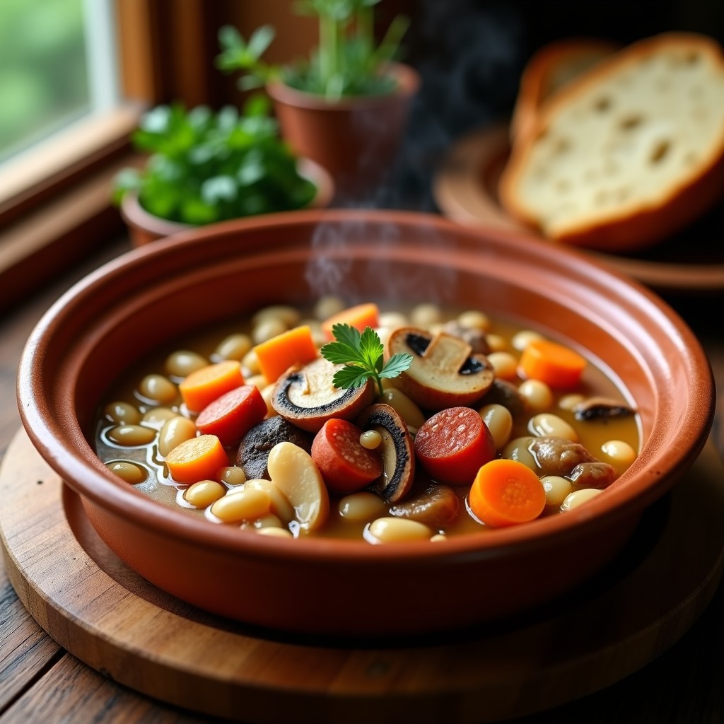 Olla de barro humeante con alubias blancas cremosas y morillas hidratadas, chorizo en rodajas y verduras, plato tradicional español.