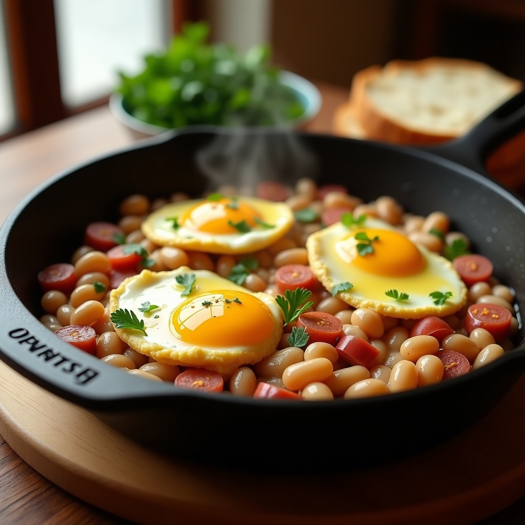 Sartén de hierro con revuelto de alubias blancas, huevo cuajado y trozos de morros, decorado con perejil fresco. Plato tradicional español humeante y apetitoso.
