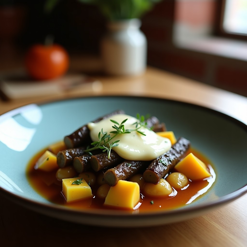 Olla de barro humeante con alubias blancas estofadas, morrosilla deshecha y trozos de chorizo y panceta. Plato tradicional asturiano servido en cuenco rústico.
