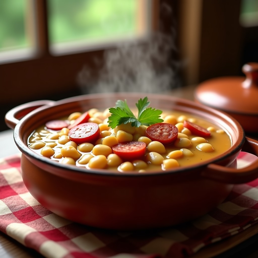 Cazuela de barro humeante con alubias blancas estofadas y rodajas de chorizo, decorada con perejil fresco. Plato tradicional español cocinado en olla express.
