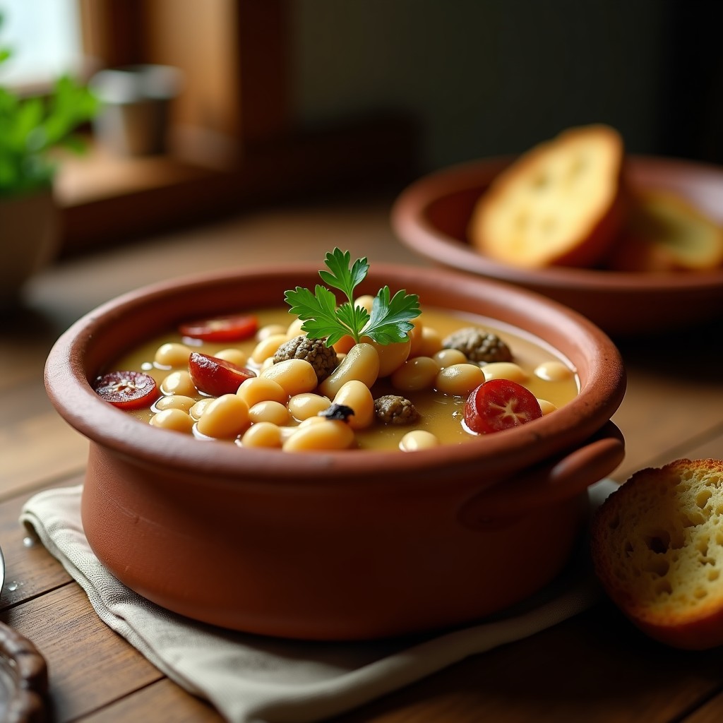 Olla de barro con alubias blancas estofadas, morillas rehidratadas y rodajas de chorizo, receta tradicional española de alubias con morillas.