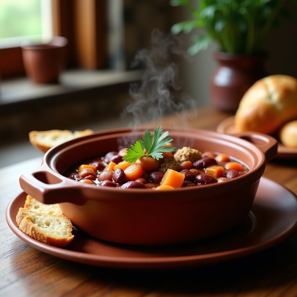 Olla de barro con alubias rojas estofadas y trozos de morilla, servidas humeantes en un plato hondo de cerámica rústica, acompañadas de una rebanada de pan.
