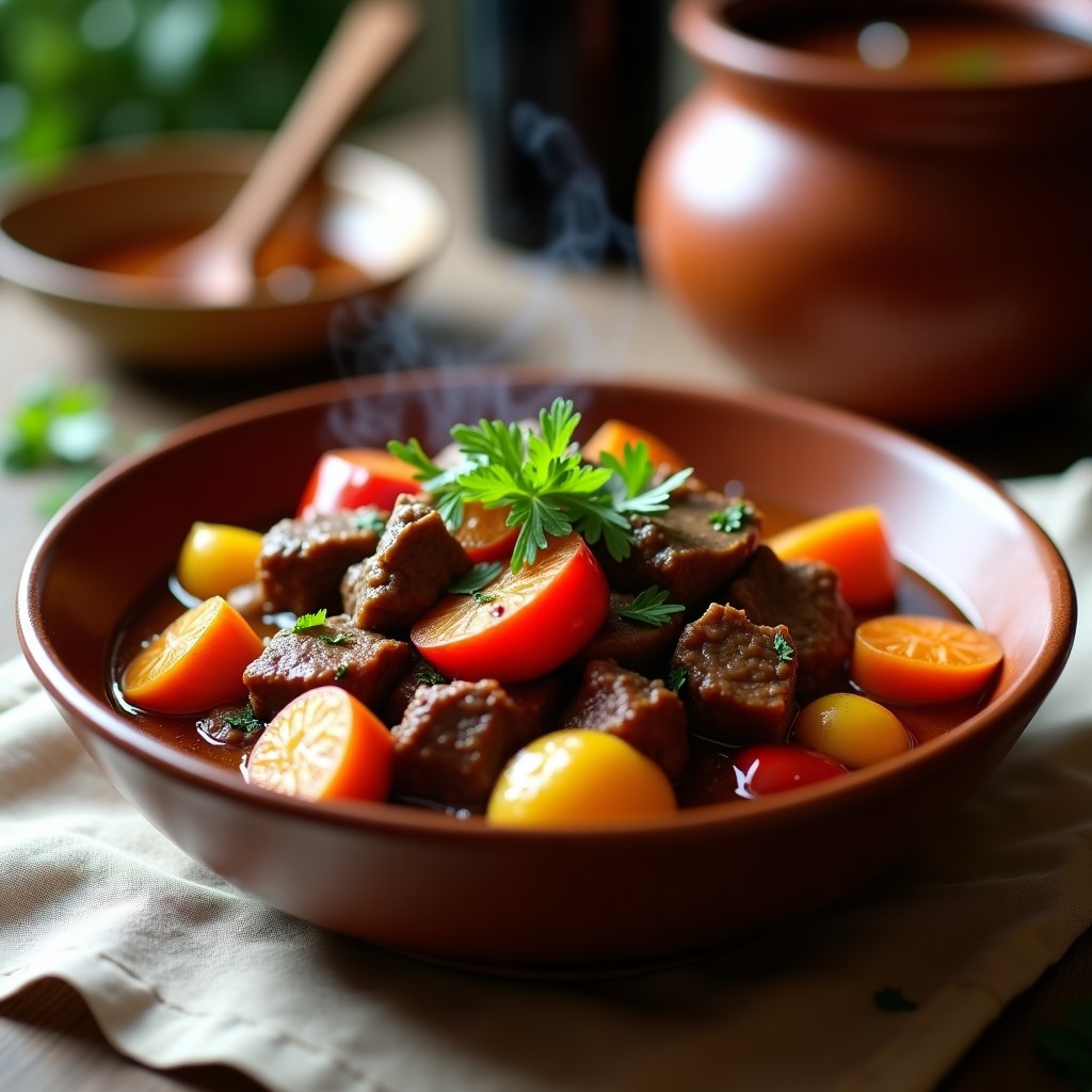 Plato hondo de barro con arcopa de res desmenuzada en salsa espesa oscura, rodeada de rodajas de chirivía doradas, zanahoria y pimiento rojo. Acompañada de cilantro fresco y servida sobre un mantel rústico de lino. Receta colombiana de arcopa de res con cerveza negra en olla lenta.