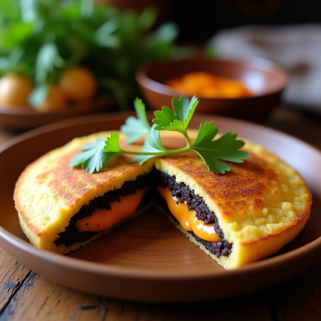 Arepa venezolana de caraota negra y queso LRendering, cortada por la mitad y rellena de queso vegano cremoso, servida sobre un plato de madera con cilantro fresco y ají dulce al lado. Receta sin harina en Thermomix.