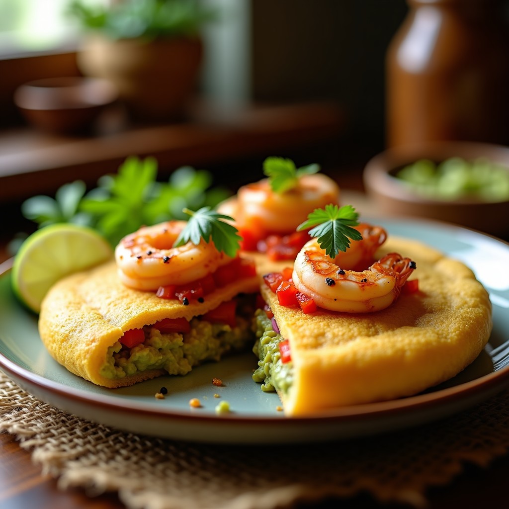 Arepa dorada y crujiente de chía abierta por la mitad, rellena de guacamole cremoso verde y camarones rosados al ajillo, servida en plato blanco rústico con fondo de madera oscura.