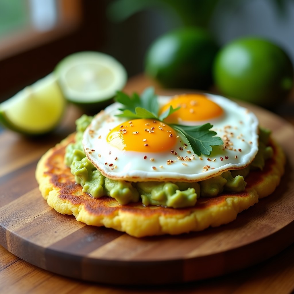 Arepa dorada de chía y maíz abierta por la mitad, rellena de guacamole cremoso, huevo escalfado con yema líquida y queso fresco desmenuzado, servida en un plato rústico con fondo de cocina tradicional colombiana.
