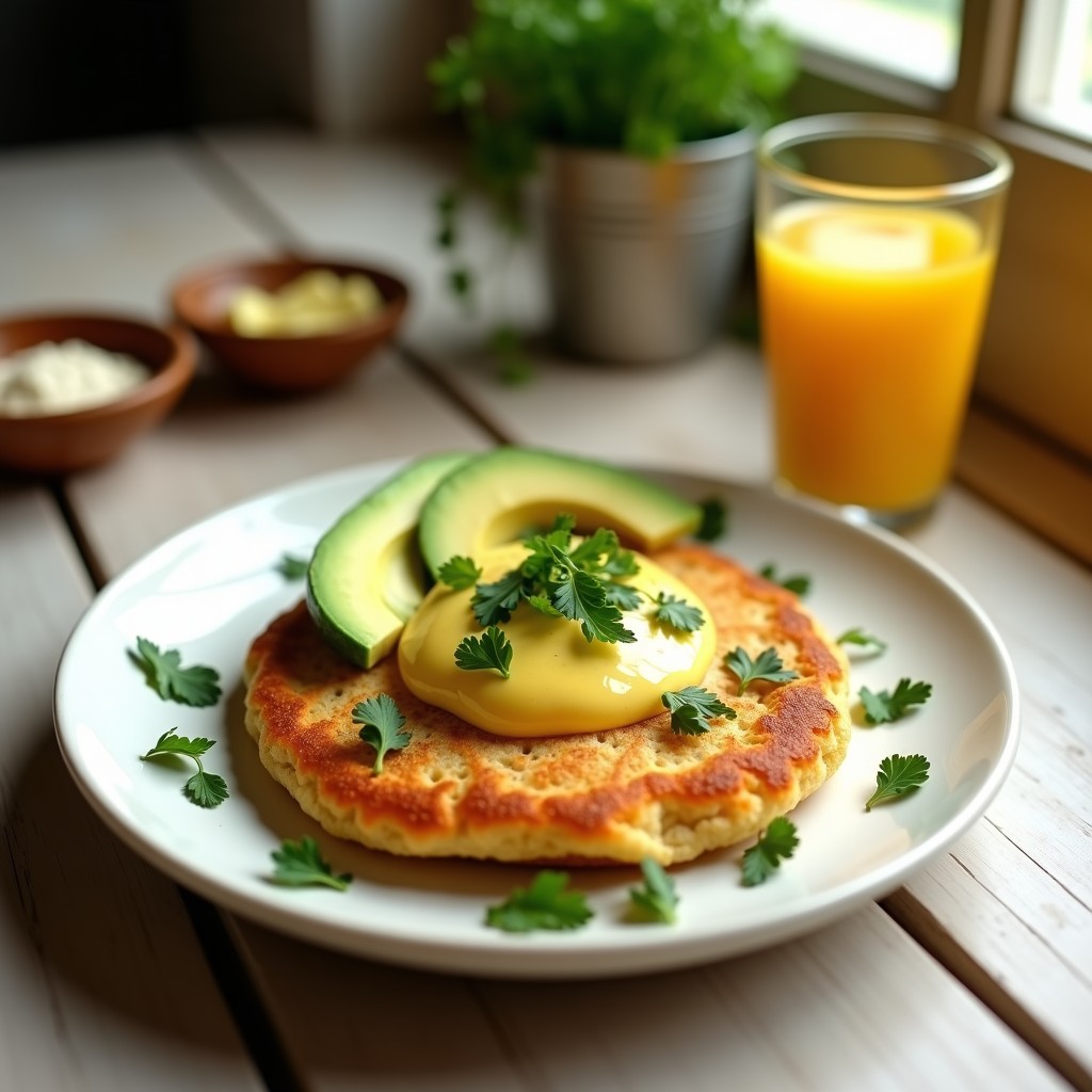 Arepa dorada y esponjosa de chía con vetas verdes de espinaca y semillas de girasol, acompañada de queso vegano cremoso de color amarillo dorado, servida en plato de barro con fondo rústico. Receta de arepa de chía y queso vegano, desayuno colombiano sin harina y alto en omega-3.