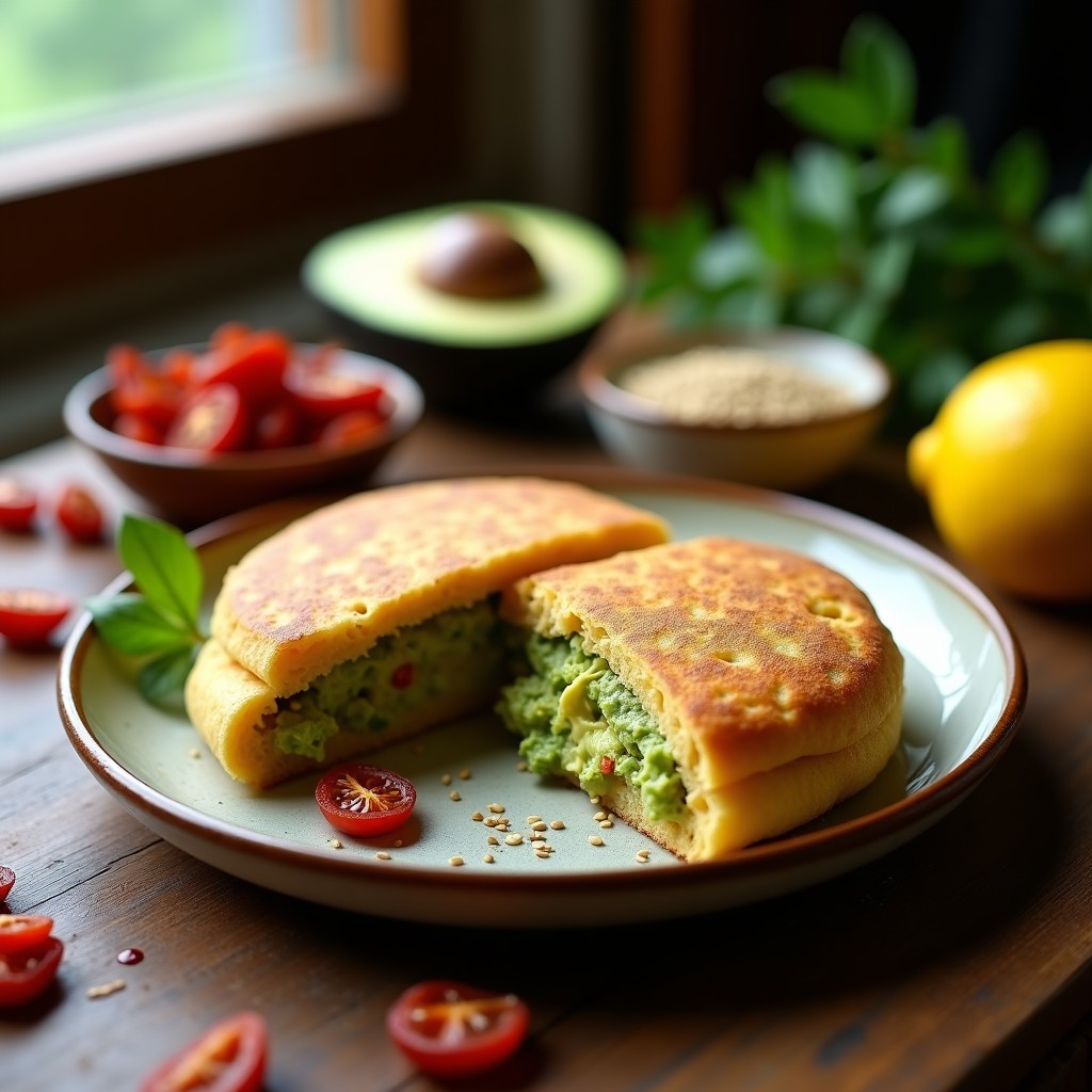 Arepa dorada de chía y harina de teff abierta por la mitad, rellena de guacamole cremoso verde y trozos de tomate seco rojo, decorada con semillas de sésamo. Plato sobre fondo de madera rústica con ingredientes al lado: aguacate, limón y cebolla morada.