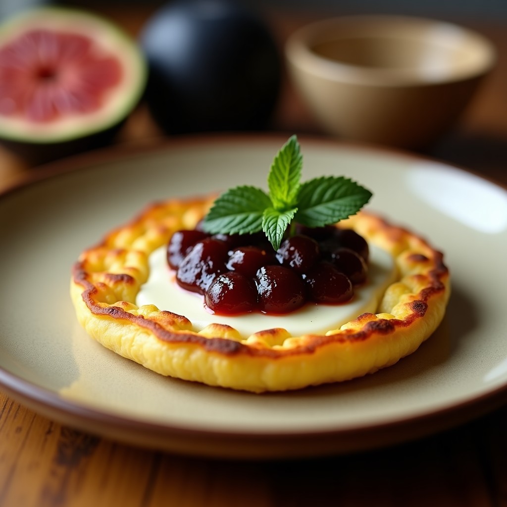 Arepa de choclo dorada y crujiente rellena de queso de cabra derretido y coronada con mermelada de higuera brillante, decorada con hojas de menta fresca sobre un plato de cerámica rústica, desayuno venezolano gourmet.