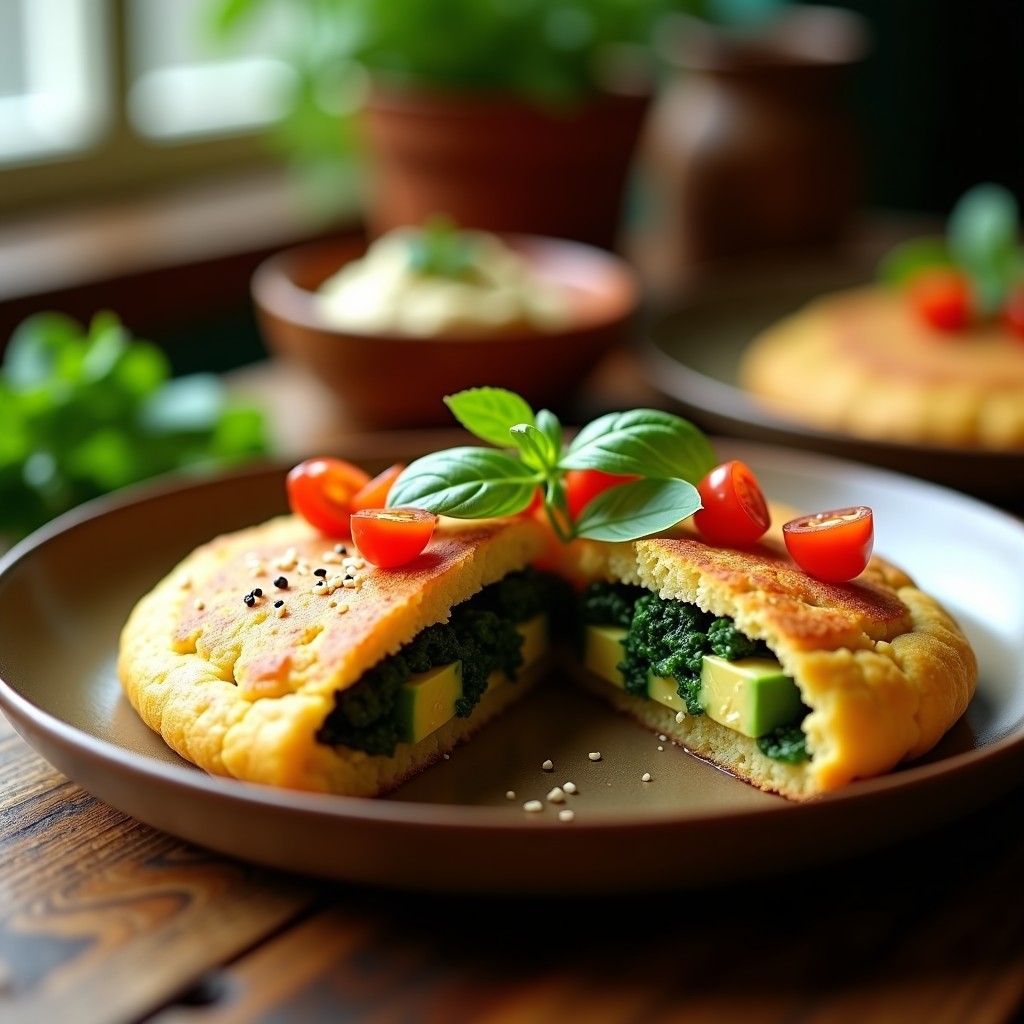 Arepa de garbanzo y espinacas vegana en sartén antiadherente, dorada y crujiente por fuera con semillas de sésamo, servida abierta con relleno de aguacate y tomate, sobre fondo rústico de madera.