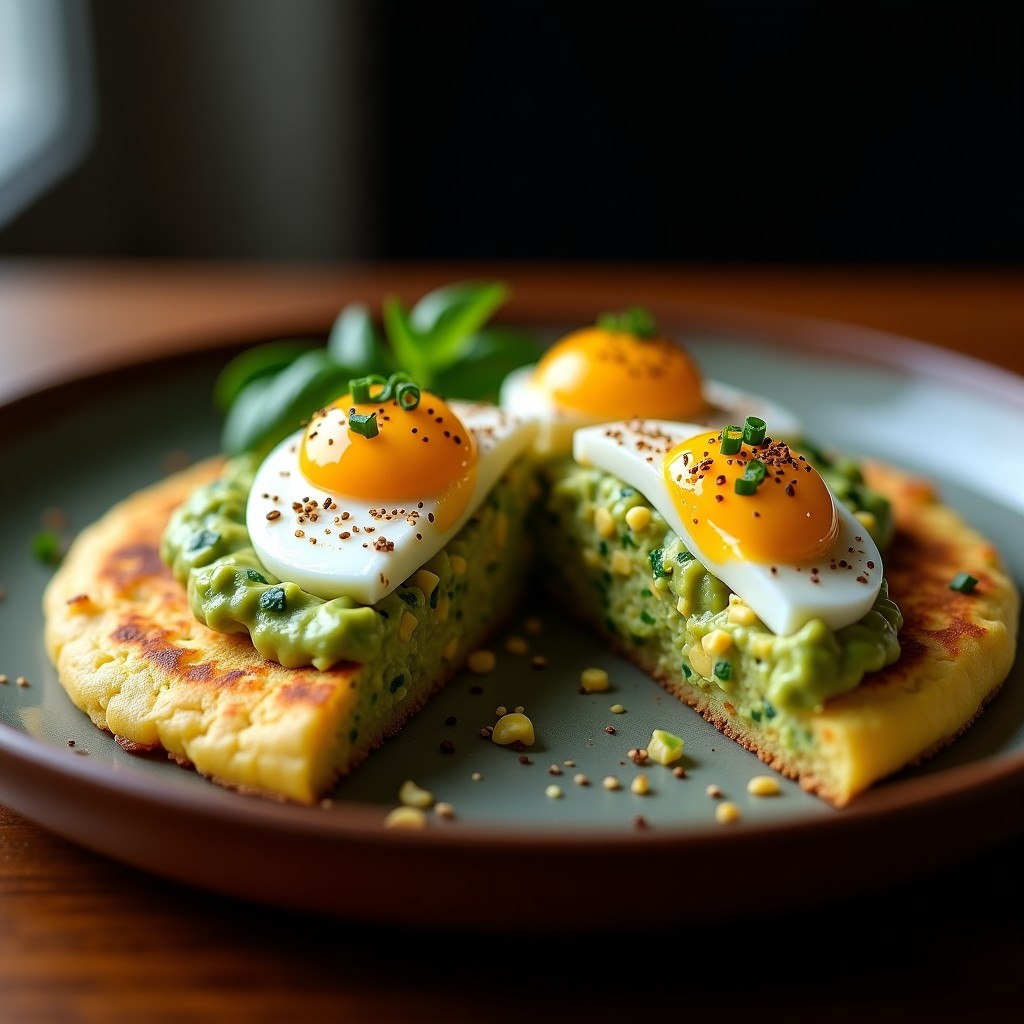 Arepa dorada de harina de maíz azul abierta por la mitad, rellena de aguacate cremoso con trozos verdes y dos huevos de codorniz con yema líquida y semillas de sésamo, sobre un plato de madera rustico con cebollín picado.