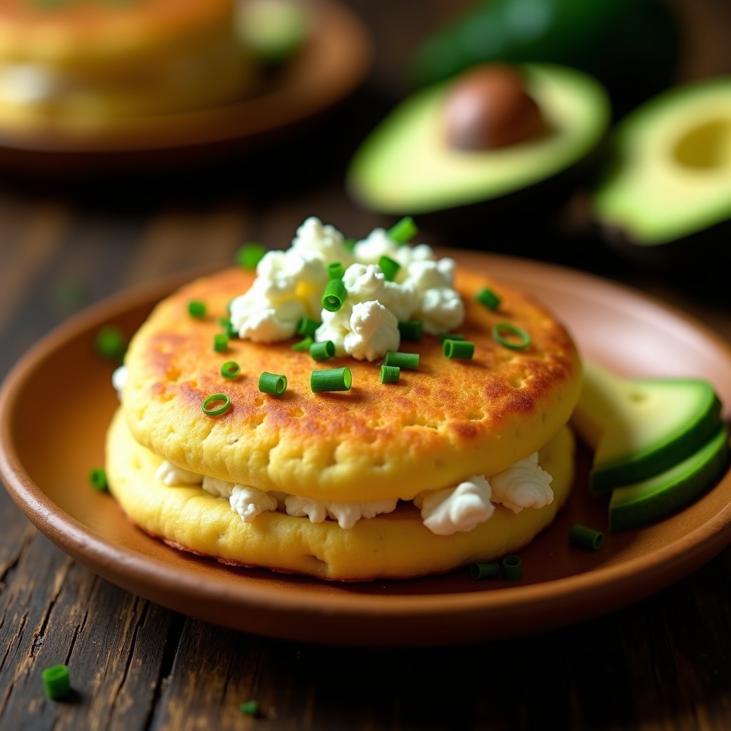 Arepa dorada y esponjosa de harina de plátano verde rellena de queso de cabra desmenuzado, acompañada de cebollín fresco y trozos de aguacate sobre un plato de madera rústico. Receta venezolana keto y sin gluten.