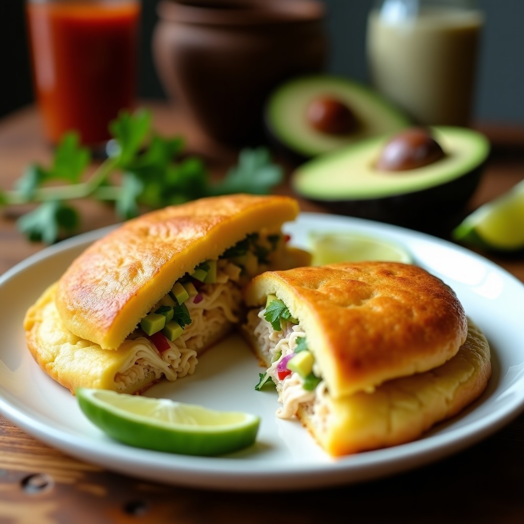 Arepa dorada y crujiente de harina de yuca rellena de pollo desmenuzado y aguacate, servida en un plato de cerámica blanca con trozos de aguacate y cilantro fresco al lado, receta colombiana en airfryer.