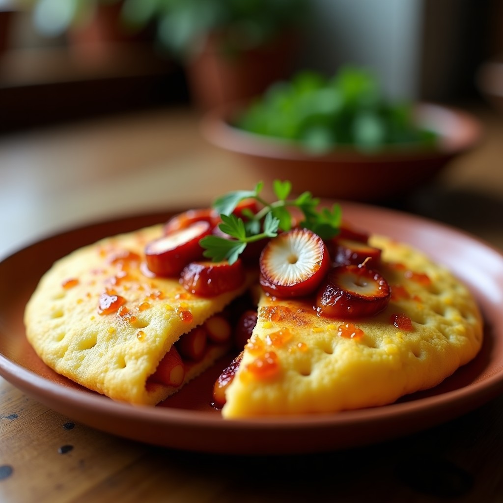 Arepa dorada de harina de yuca abierta por la mitad, rellena de pulpo a la gallega con pimentón de la Vera, cebolla morada y perejil fresco, servida en plato de barro con fondo rústico.