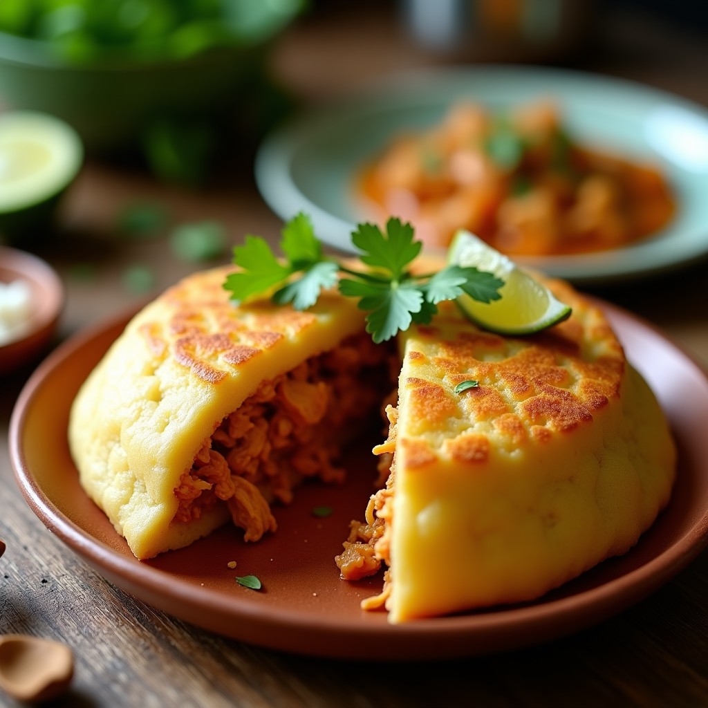 Arepa venezolana dorada y crujiente rellena de jackfruit desmenuzado y queso vegano cremoso, servida en un plato de barro con cilantro fresco y rodajas de limón, receta en airfryer.