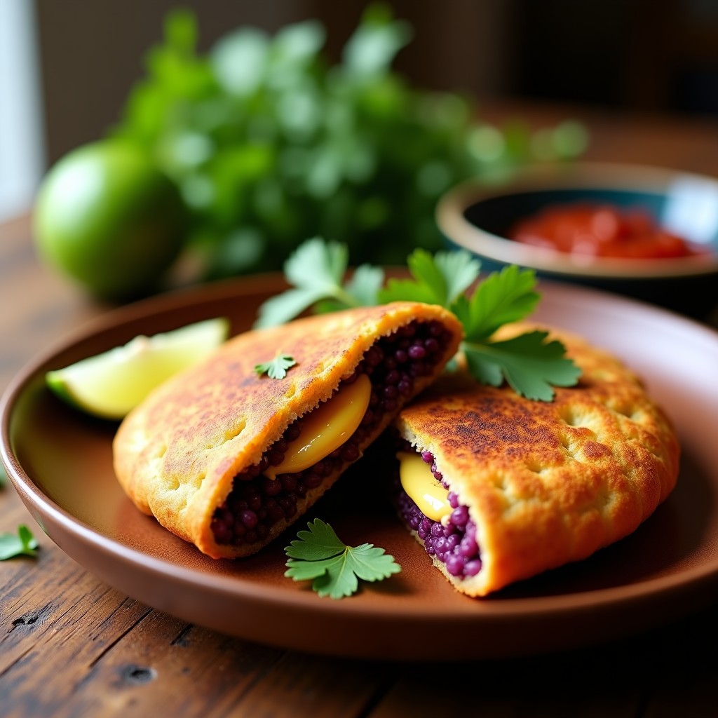 Arepa dorada y crujiente rellena de queso vegano cremoso, con un color morado intenso por las lentejas, servida en un plato rústico con hojas de cilantro y rodajas de limón. Receta colombiana de arepa de lentejas moradas y queso vegano en Airfryer.