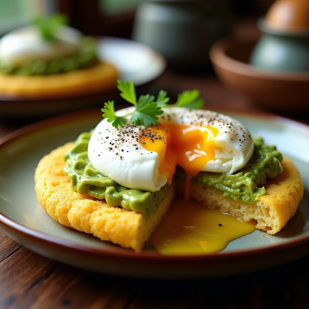 Arepa dorada de maíz amarillo cortada por la mitad, rellena de cremoso aguacate verde y un huevo pochado con yema líquida y brillante, decorada con cilantro fresco. Plato típico colombiano reinventado, servido en un plato de cerámica blanca sobre fondo rústico.