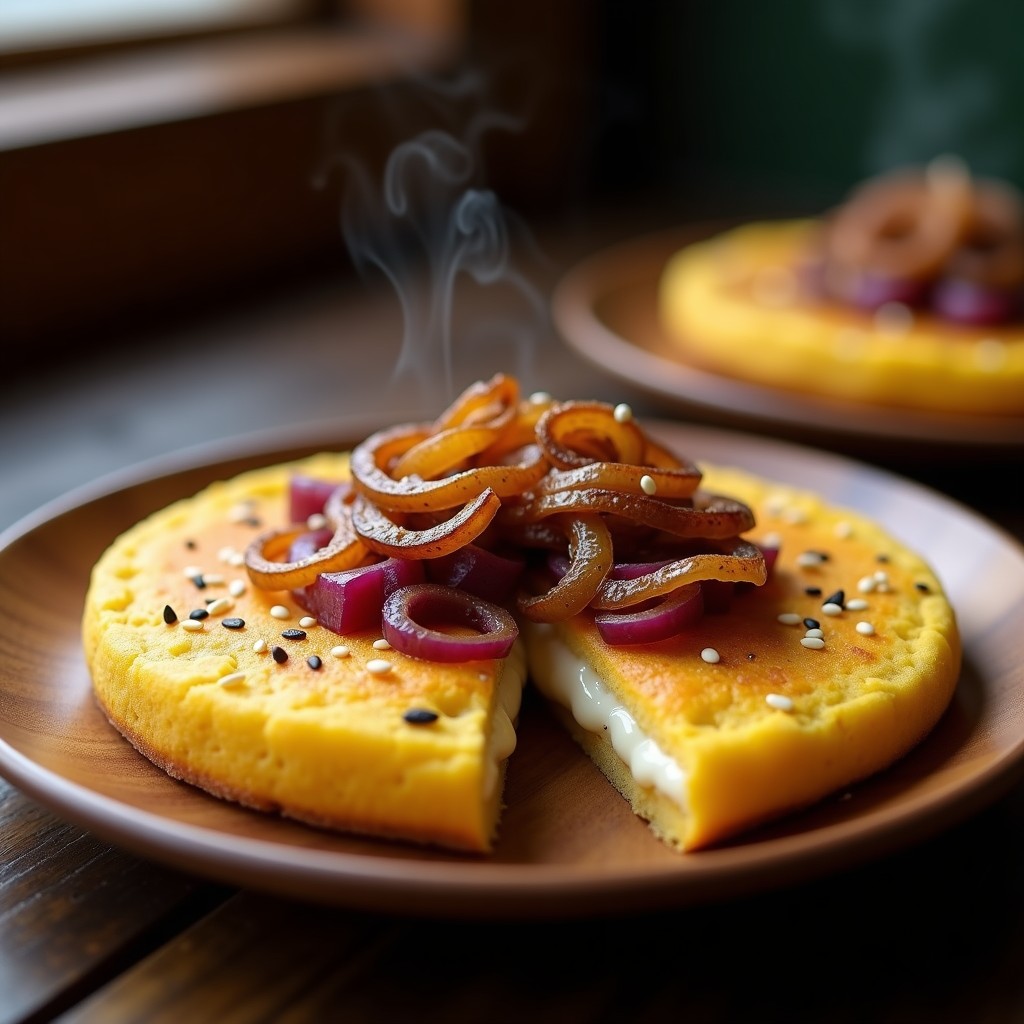 Arepa de maíz amarillo dorada y crujiente rellena de queso de cabra cremoso y mermelada de higo brillante, servida en plato de barro rústico con semillas de sésamo espolvoreadas.