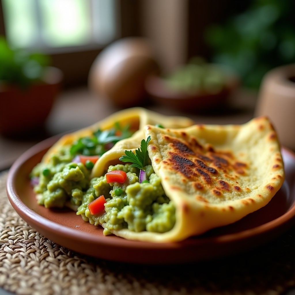 Arepa de maíz azul cortada por la mitad, rellena de guasacaca de palta cremosa y verde, decorada con trozos de tomate y cebolla morada, sobre un plato de barro con fondo rústico.