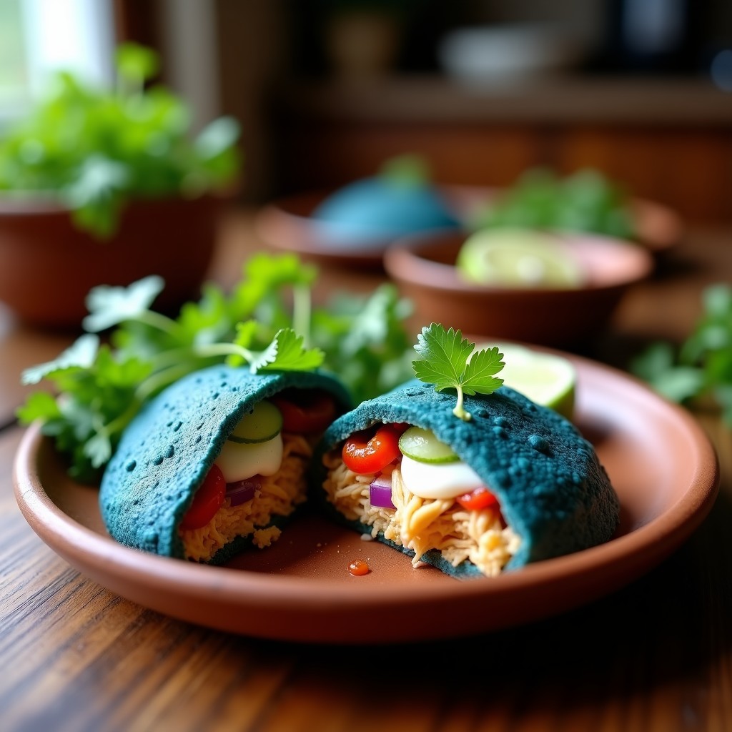 Arepa de maíz azul rellena de pollo al cilantro en Thermomix, servida en plato rústico con queso blanco desmenuzado y cilantro fresco.