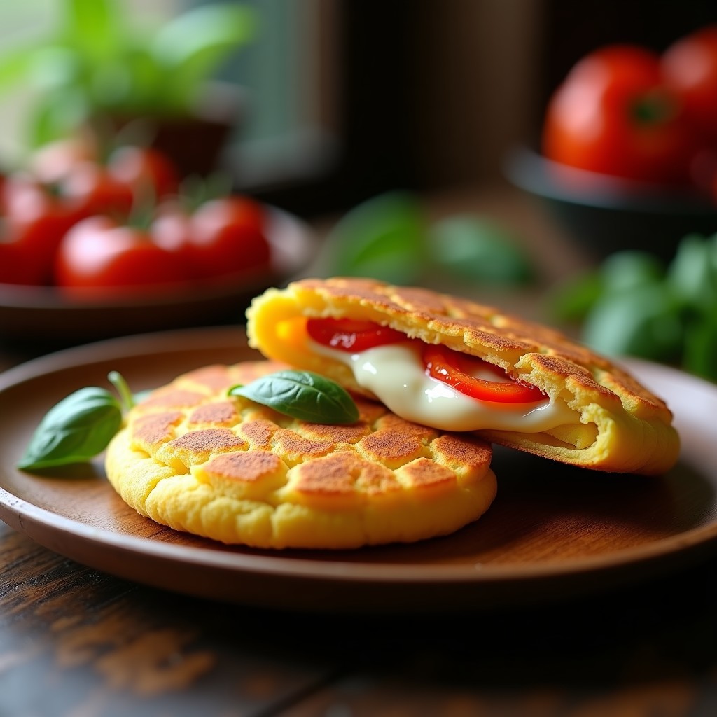 Arepa de maíz azul dorada y crujiente rellena de queso fresco derretido y pimiento rojo asado en rodajas, servida en un plato rústico con un fondo de madera. Receta colombiana en Airfryer.