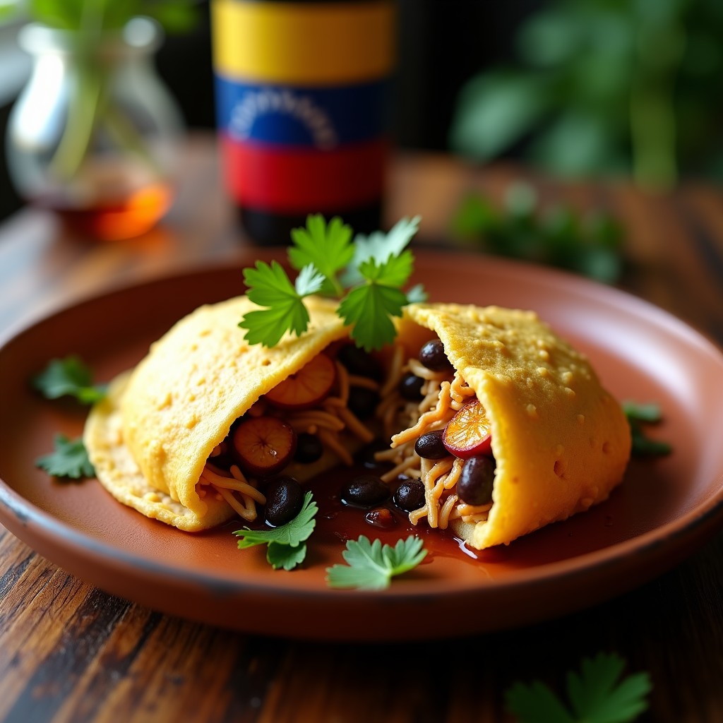 Arepa de maíz blanco recién horneada en airfryer, abierta por la mitad y rellena de jackfruit desmenuzado marinado, frijoles negros brillantes y rodajas de plátano macho dorado. Decorada con hojas de cilantro fresco sobre un plato de barro rústico.