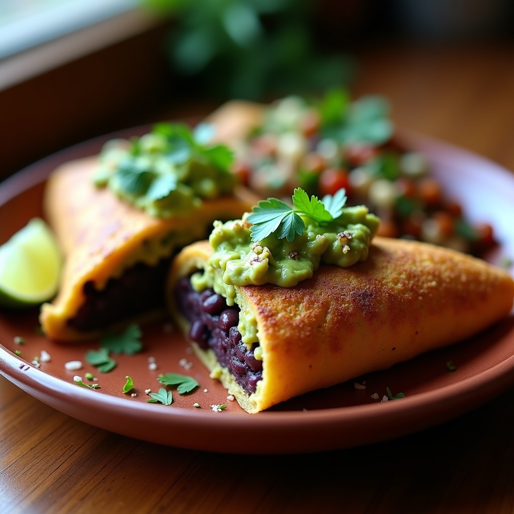 Arepa de maíz morado rellena de guacamole cremoso y frijoles negros especiados, servida en un plato de barro rústico con rodajas de limón y hojas de cilantro como decoración. Receta vegana y sin gluten.