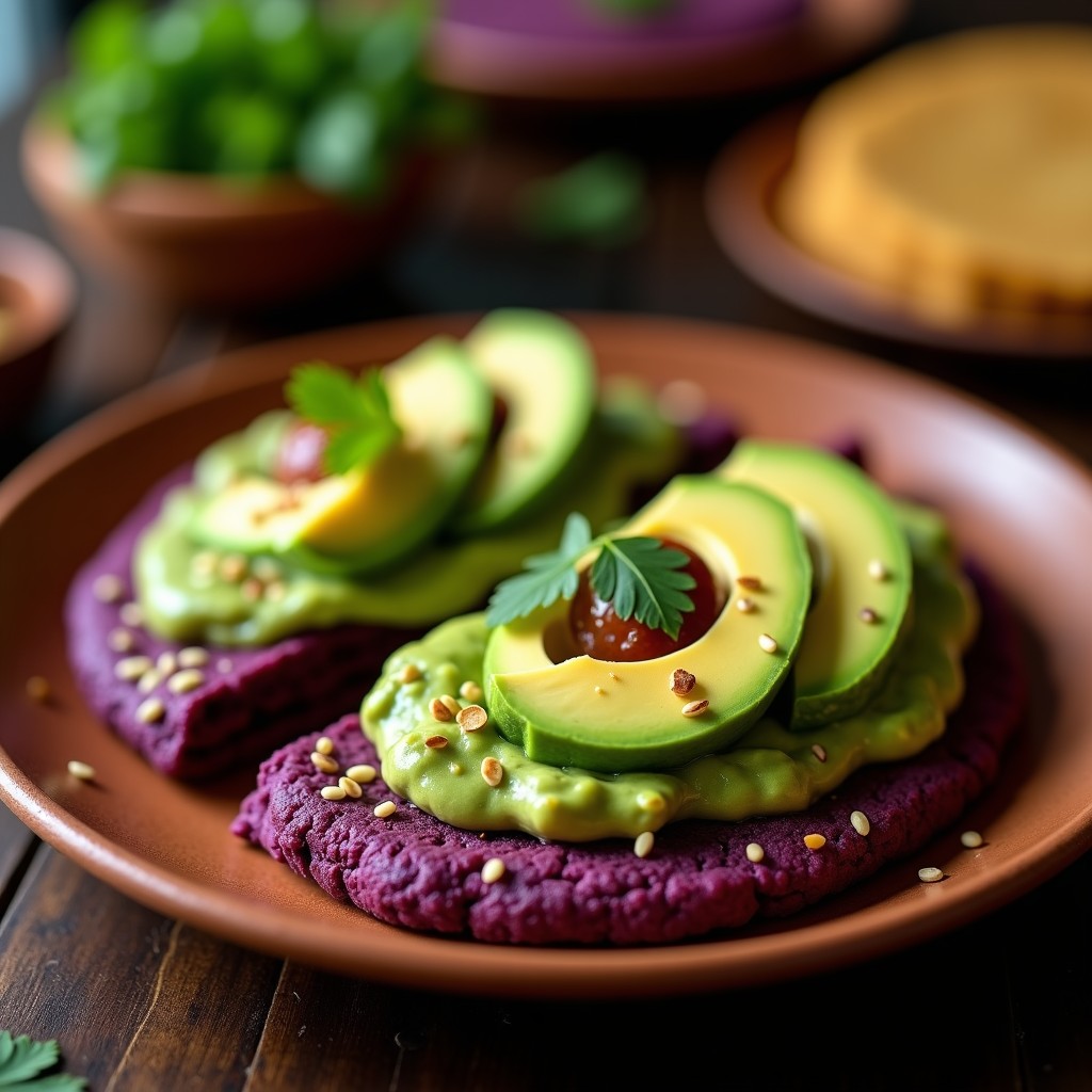 Arepa de maíz morado abierta por la mitad, rellena de guasacaca verde cremosa, trozos de aguacate y semillas de sésamo, servida en un plato de barro con fondo rústico.
