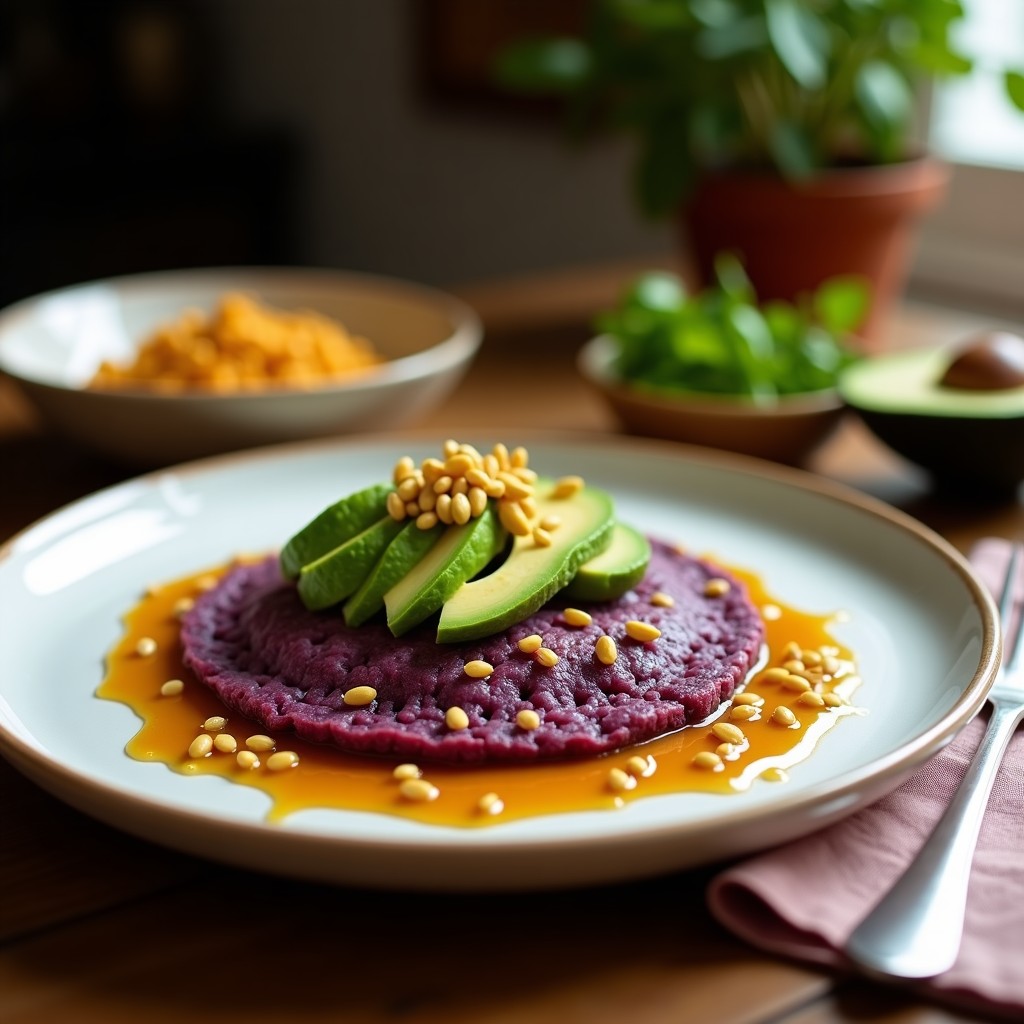 Arepa de maíz violeta cortada por la mitad, rellena de cremoso aguacate verde y decorada con semillas de grano de oro doradas. Plato típico colombiano sin gluten, servido en un plato de madera rústico con fondo de hojas verdes.